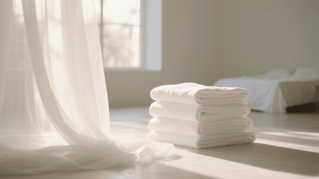 Чистота и свежесть: белоснежный текстиль в лучах утреннего солнца. Нежная полупрозрачная белая ткань на фоне стопки сложенного белоснежного белья в минималистичном интерьере, освещенном мягким утренним светом.